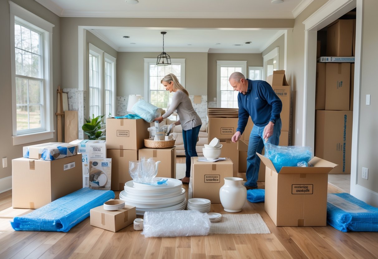 A couple packing household items into boxes in a home undergoing renovation with construction materials visible in the background.