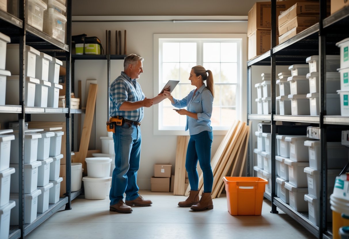 A man and woman organizing and accessing labeled storage bins in a clean garage during a home renovation.