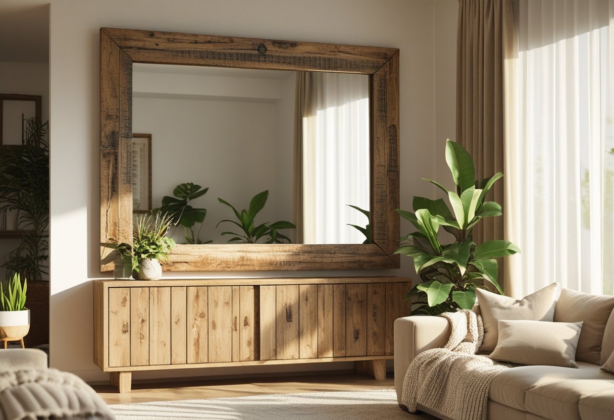 A living room with a large rustic wooden-framed mirror above a wooden console table, beige sofa with cushions, green plants, and natural sunlight coming through sheer curtains.