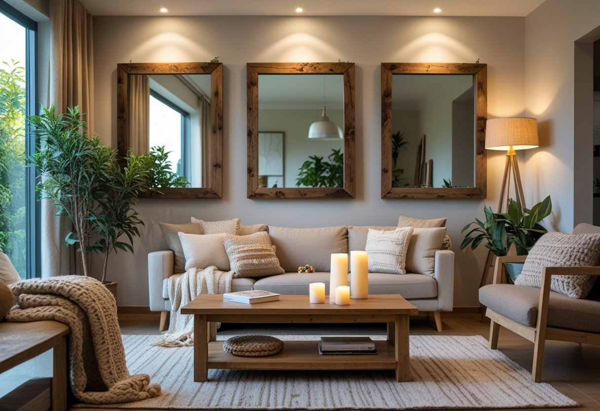 A modern living room with wooden-framed mirrors on the walls, cosy sofa with cushions and throws, wooden furniture, and natural light coming through large windows.