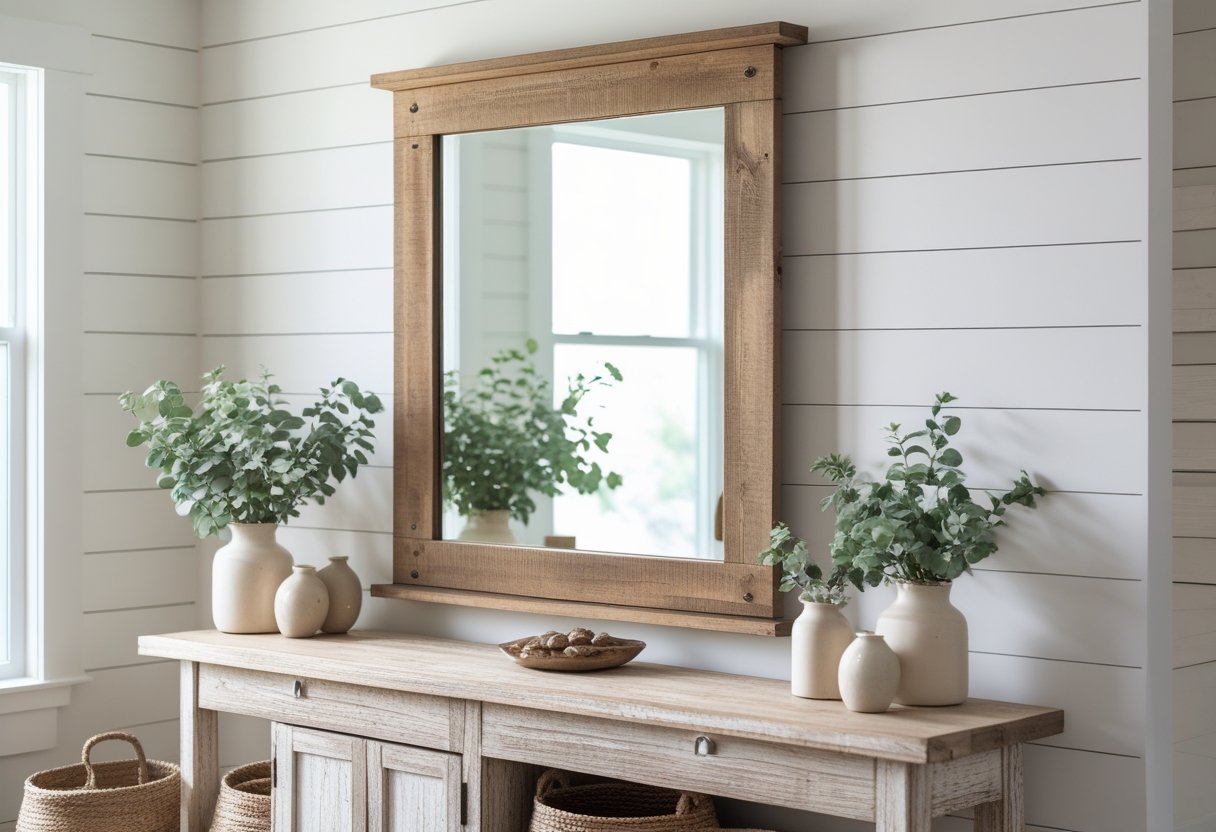 A cozy interior with a wooden-framed mirror on the wall above a wooden table decorated with plants and vases.