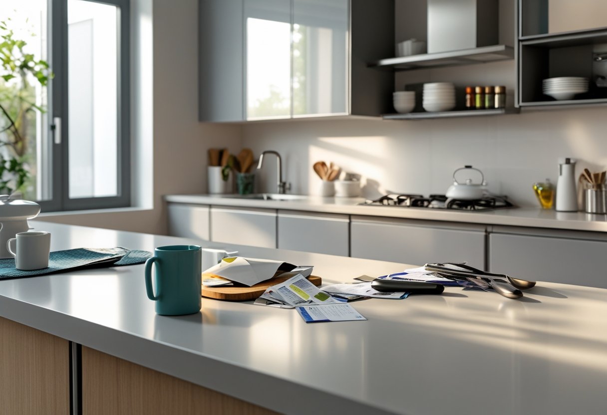 A modern kitchen countertop with a few scattered items showing clutter starting to reappear after cleaning.