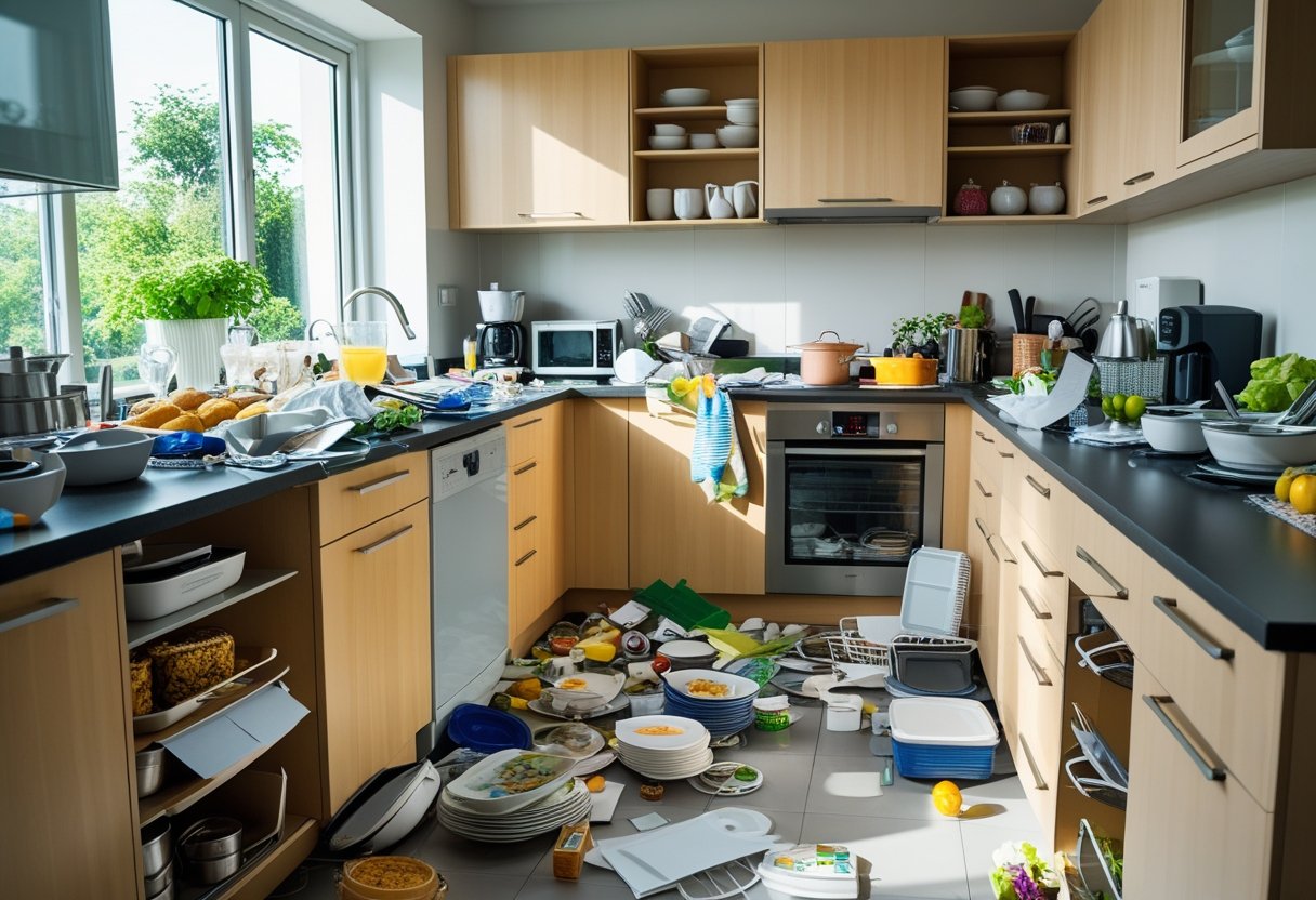 A modern kitchen with cluttered countertops, open cabinets, and scattered items despite recent cleaning.