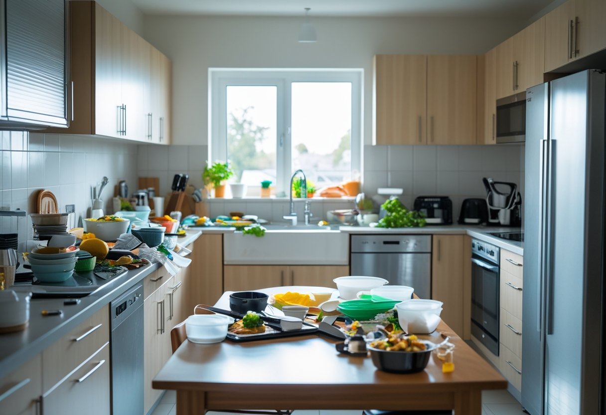 A modern kitchen with cluttered countertops and dining table showing dishes and utensils scattered after cleaning.
