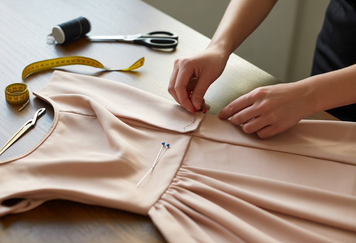 Kaip susiaurinti suknelę 1 Rankos susiuvinėja suknelę ant stalo su siuvimo įrankiais.