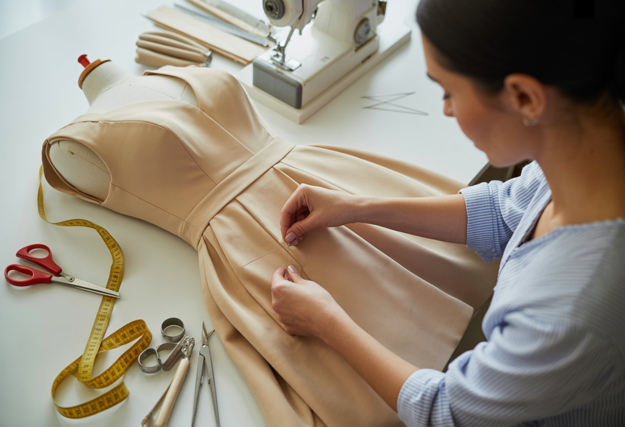 Kaip susiaurinti suknelę 2 Moteris ruošiasi siaurinti suknelę, prisegdama audinį ant suknelės formos siuvimo dirbtuvėse.