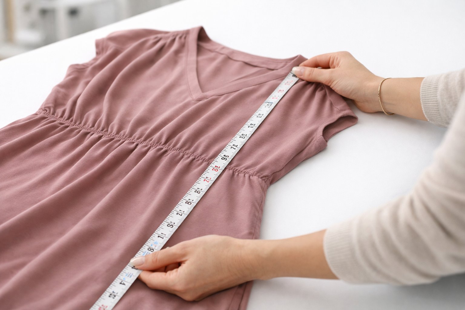 Kaip matuojamas suknelės ilgis 2 Žmogaus rankos matuoja suknelės ilgį su matavimo juosta ant stalo.