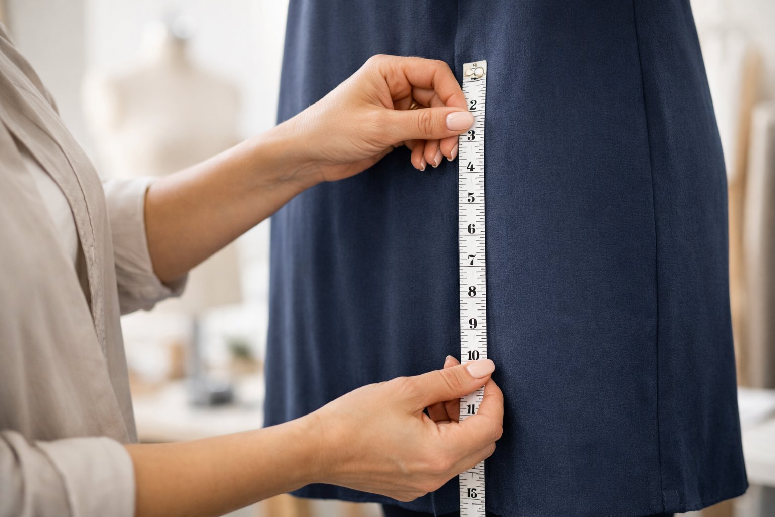 Kaip matuojamas suknelės ilgis 3 Moteris matuoja suknelės ilgį naudodama siuvėjo matavimo juostą švarioje siuvimo studijoje.