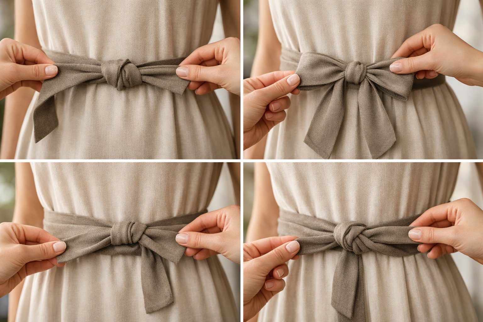 Kaip surišti suknelės diržą 3 Moters liemens su skirtingais suknelės diržo surišimo būdais, rodomi keli diržo mazgai ir lankai.