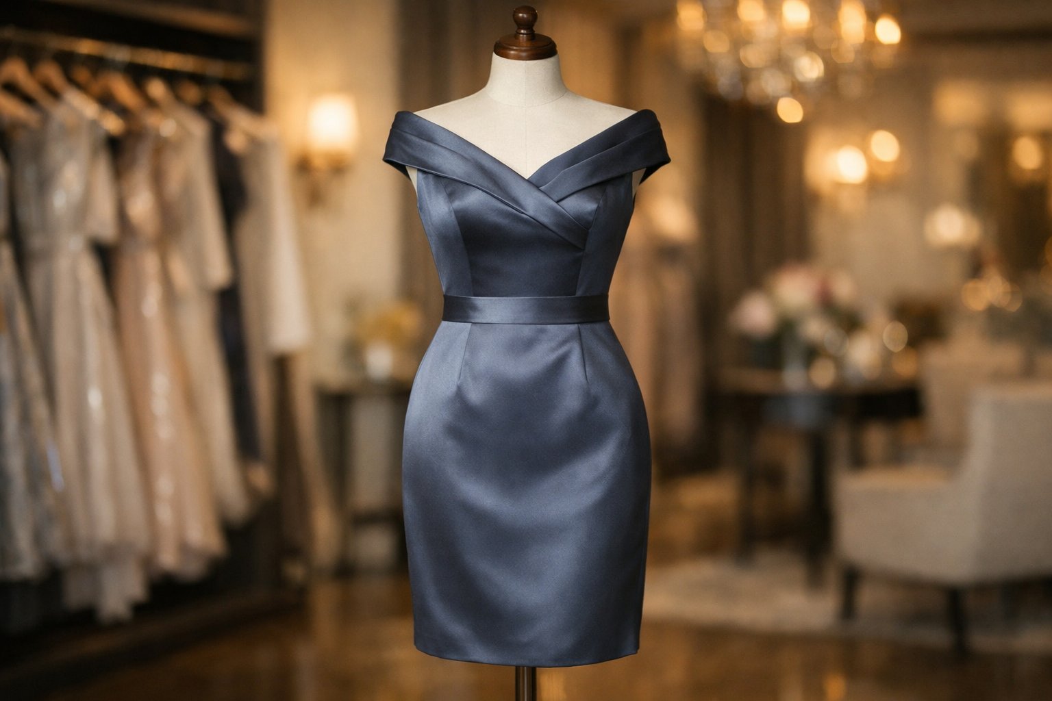 Kokteilinės suknelės: kas tai ir kaip išsirinkti geriausią variantą 1 Elegantiška kokteilinė suknelė ant manekeno madingame butike.