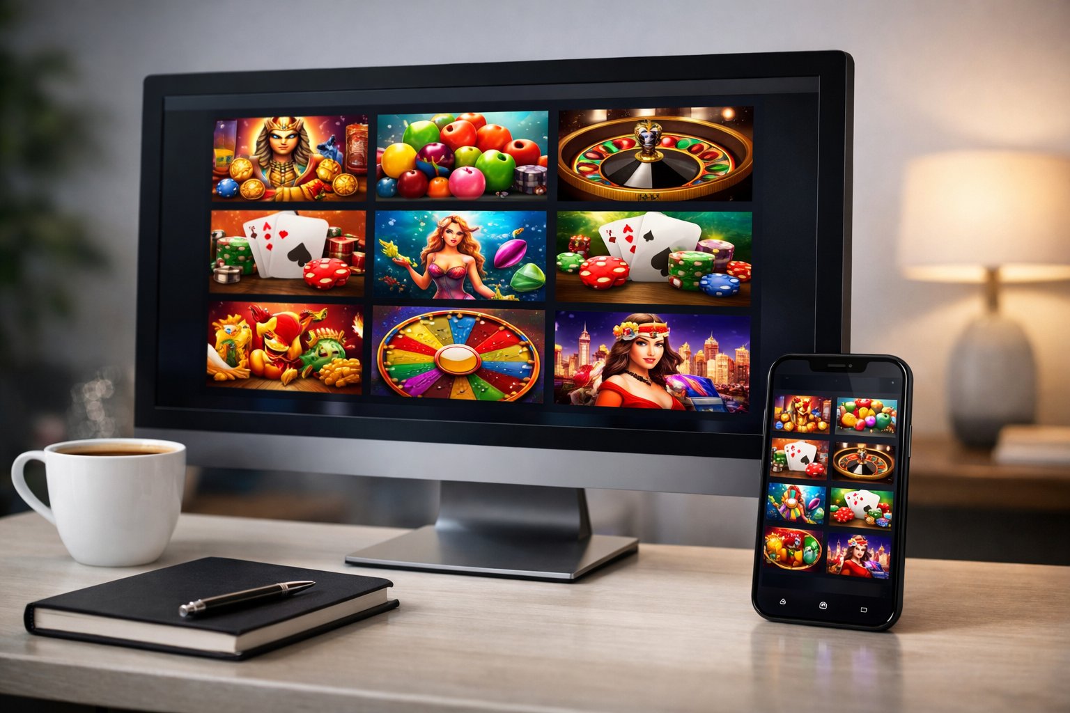A Computer Monitor And Smartphone Displaying Colorful Casino Game Icons On A Desk In A Modern Workspace.