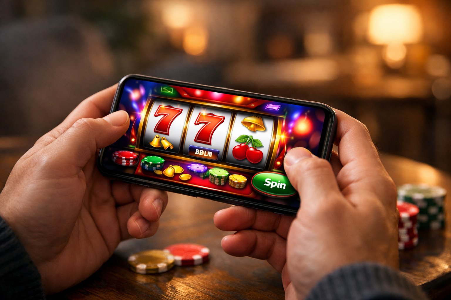 CloseUp Of Hands Holding A Smartphone Displaying A Colorful Casino Game Interface Indoors.