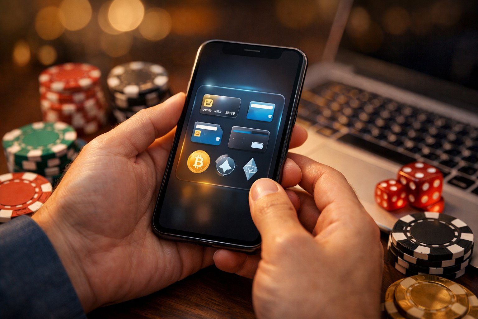 CloseUp Of Hands Holding A Smartphone Showing Digital Payment Icons, With Credit Cards, Casino Chips, And A Laptop Keyboard Nearby.