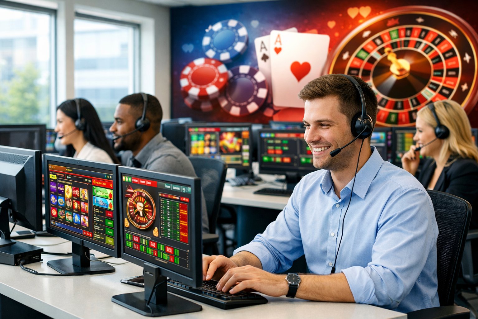 Customer Support Team Working At Desks With Computer Screens Showing Casino Game Graphics In A Bright Office.