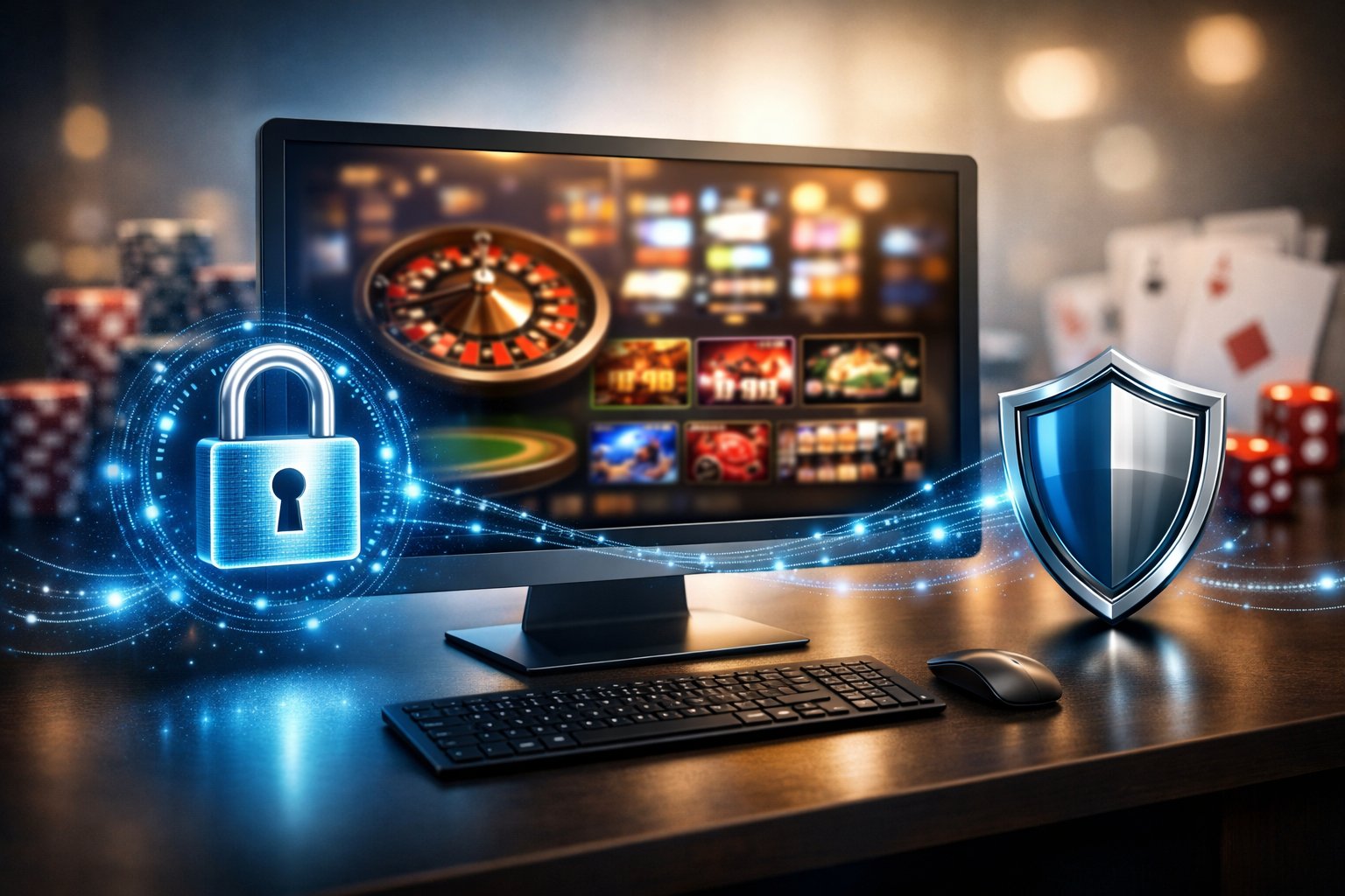 A Computer Monitor Displaying A Casino Website Interface Surrounded By Symbols Of Digital Security Like A Padlock And Shield, With Poker Chips And Playing Cards In The Background.