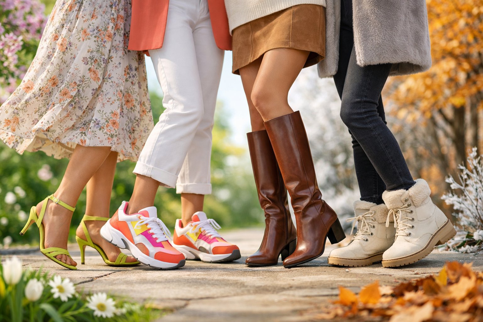 Karščiausios 2026 metų moteriškų batų tendencijos pagal sezonus 2 Kelios moterys lauke dėvi skirtingus madingus moteriškus batus, atspindinčius pavasario ir kitų metų sezonų tendencijas.