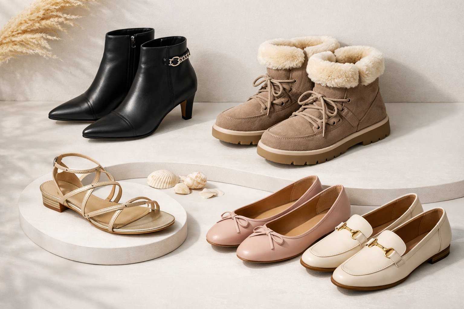 Karščiausios 2026 metų moteriškų batų tendencijos pagal sezonus 3 Įvairūs moteriški batai, atstovaujantys skirtingus metų sezonus, gražiai išdėstyti ant švaraus fono.
