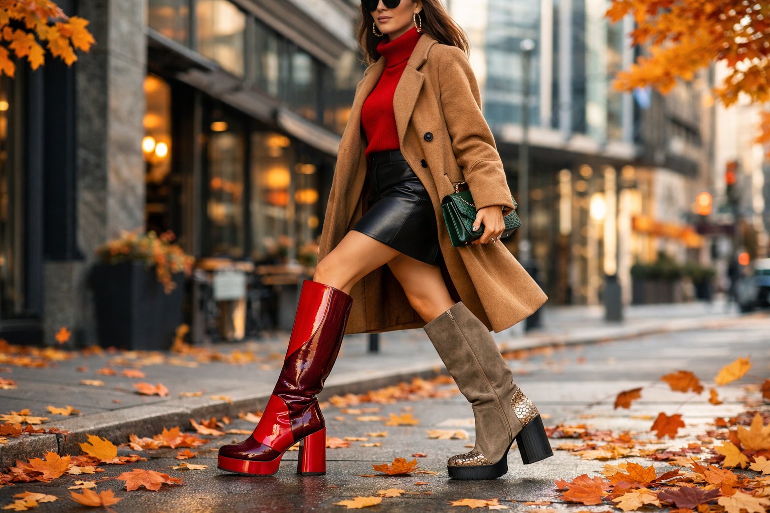 Karščiausios 2026 metų moteriškų batų tendencijos pagal sezonus 4 Moteris vaikšto miesto gatve rudenį, dėvėdama madingus batus ir aplinkui krenta spalvoti lapai.