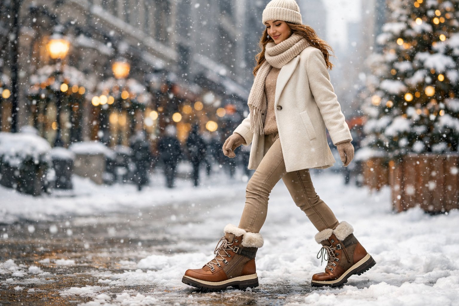 Karščiausios 2026 metų moteriškų batų tendencijos pagal sezonus 5 Moteris vaikšto snieguotu miesto šaligatviu dėvėdama madingus žieminius batus.