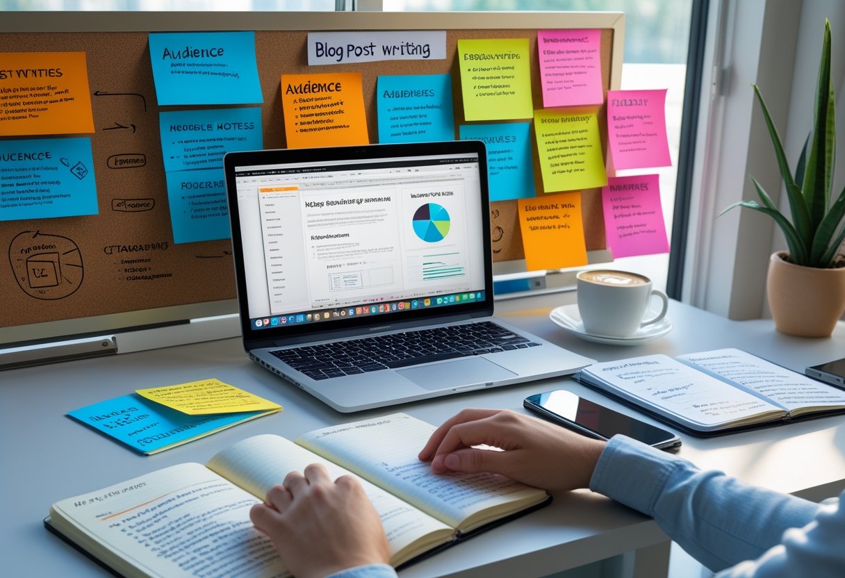 Ein moderner Arbeitsplatz mit Laptop, Notizb&uuml;chern und Haftnotizen, an dem eine Person an einem Blogpost arbeitet.