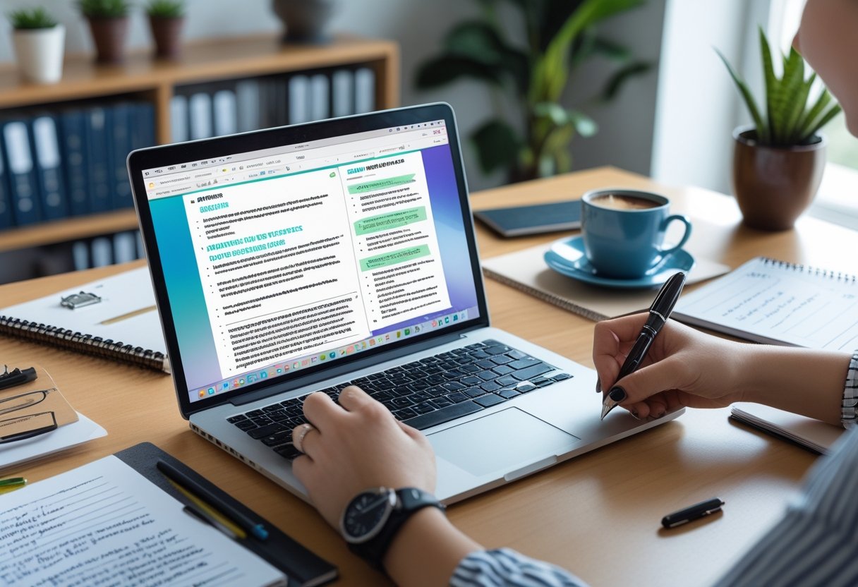 Arbeitsplatz mit Laptop, Notizbuch, Stift und Kaffeetasse, H&auml;nde schreiben Notizen, im Hintergrund B&uuml;cherregal und Pflanze.