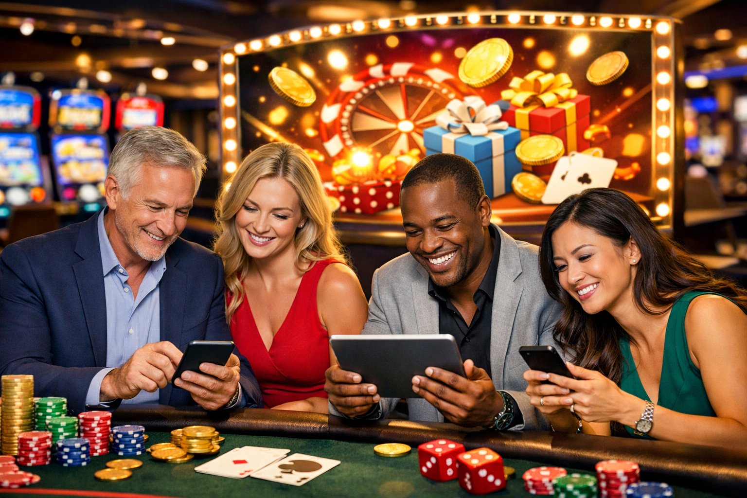 People Enjoying A Casino Environment With Slot Machines And Gaming Tables, Interacting With Digital Devices.