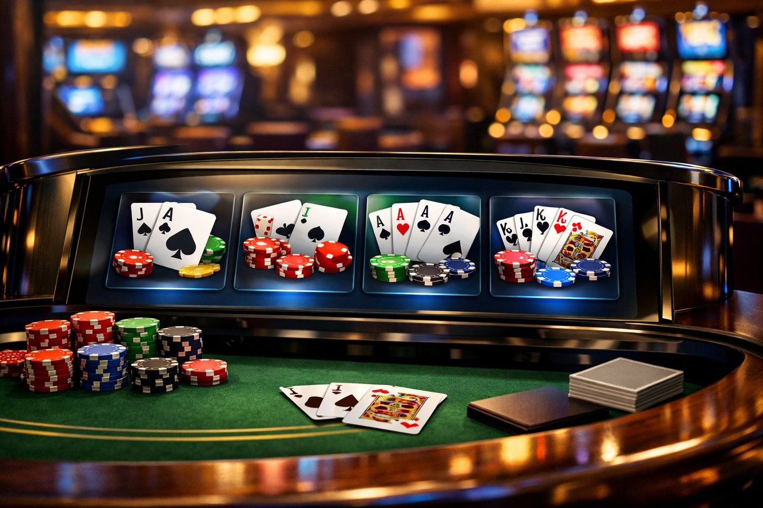 A Modern Casino Game Selection Area With A Digital Table Showing Various Card Games, Colorful Chips, And Blurred Slot Machines In The Background.