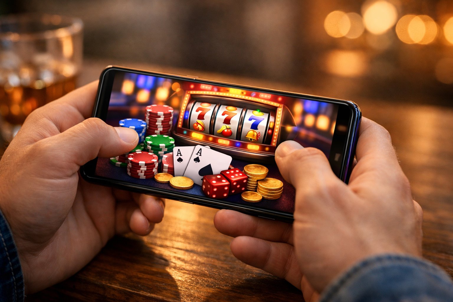 Hands Holding A Smartphone Showing A Colorful Casino Game With Slot Machines And Poker Chips.