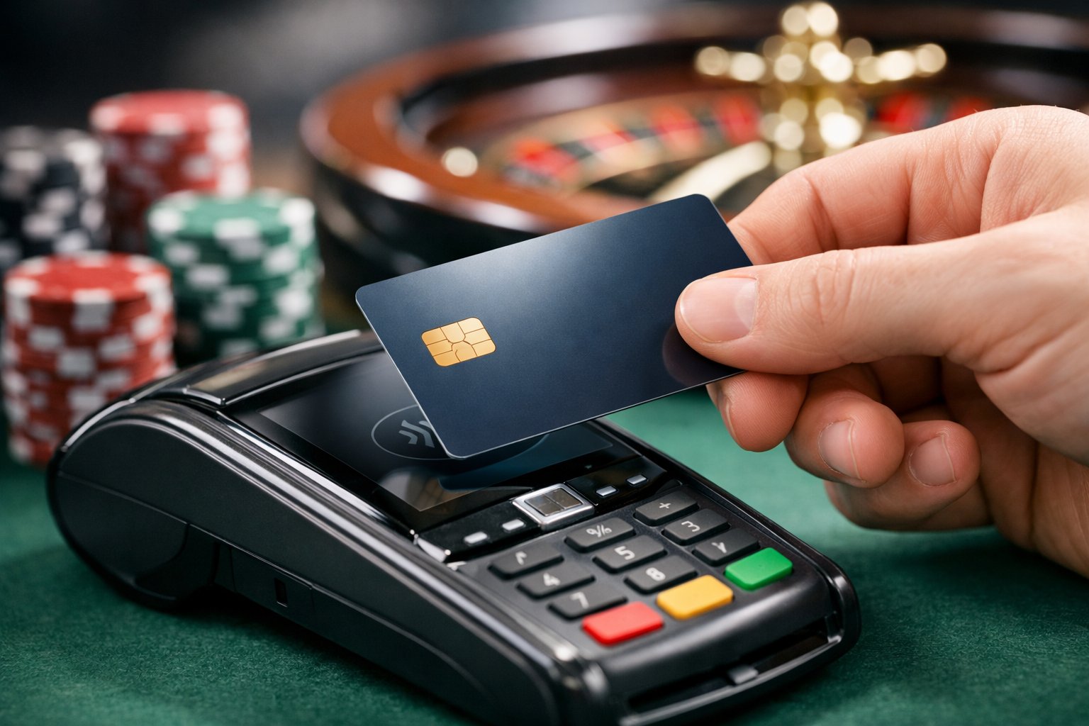 A Hand Holding A Credit Card Near A Payment Terminal With Casino Chips And A Roulette Wheel In The Background.