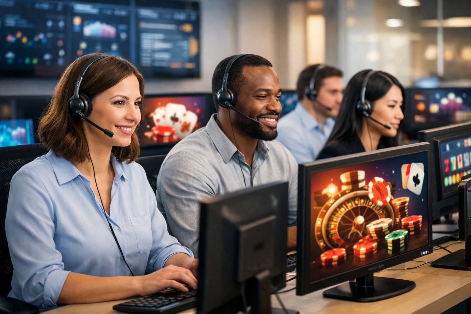 Customer Support Representatives Wearing Headsets Working At Computers In A Modern Office Environment.