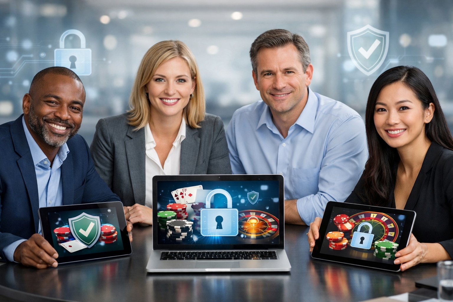 A Diverse Group Of People Working Together At A Table With Laptops And Tablets Showing CasinoRelated Graphics And Digital Security Icons.