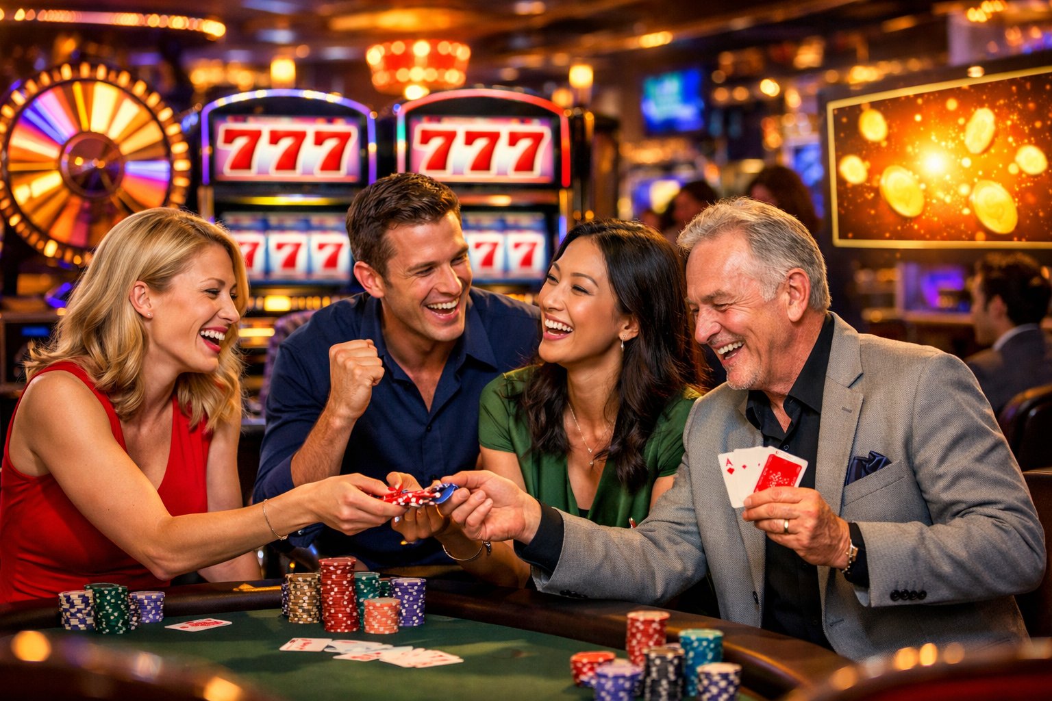 A Group Of People Celebrating Near Slot Machines Showing A Jackpot Win Inside A Lively Casino.
