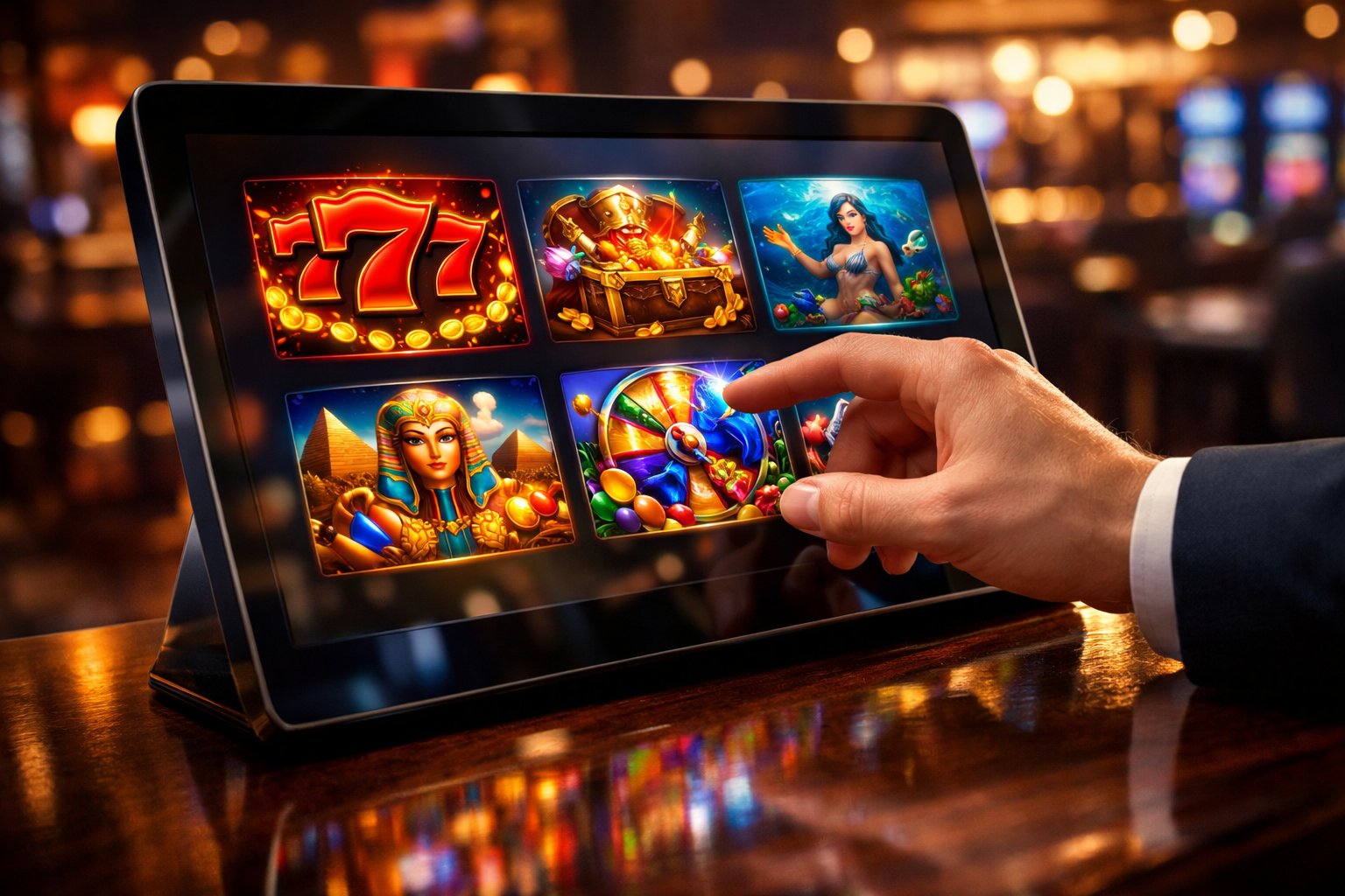 A Person Selecting A Slot Machine Game On A Digital Casino Interface Displayed On A Tablet In A Dimly Lit Casino Setting.