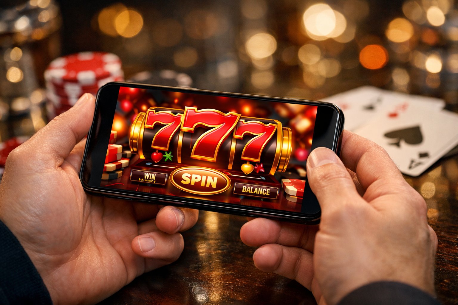 CloseUp Of Hands Holding A Smartphone Showing A Slot Machine Game With The Number 777 On The Screen.