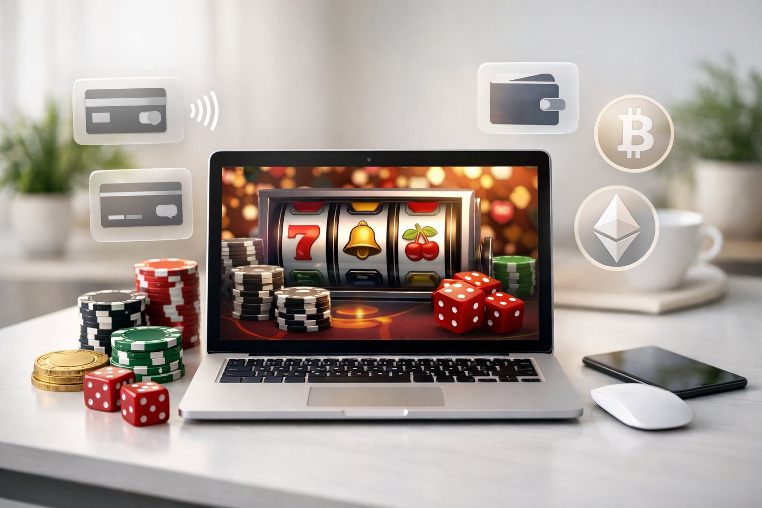 A Laptop On A Clean Desk Showing An Online Casino Interface With Casino Chips And Various Payment Method Icons Around It.