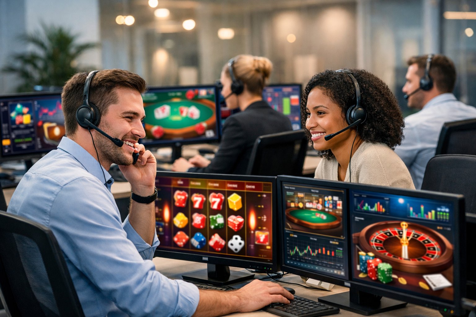 Customer Support Agents Wearing Headsets Working At Computers In A Modern Office Environment.