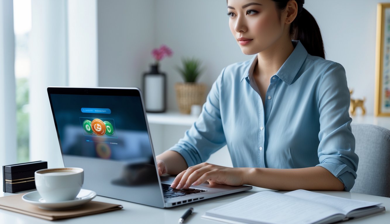 Seseorang duduk di meja dengan laptop terbuka, tampak fokus dan berhati-hati dalam menggunakan komputer di ruang kerja yang rapi dan terang.