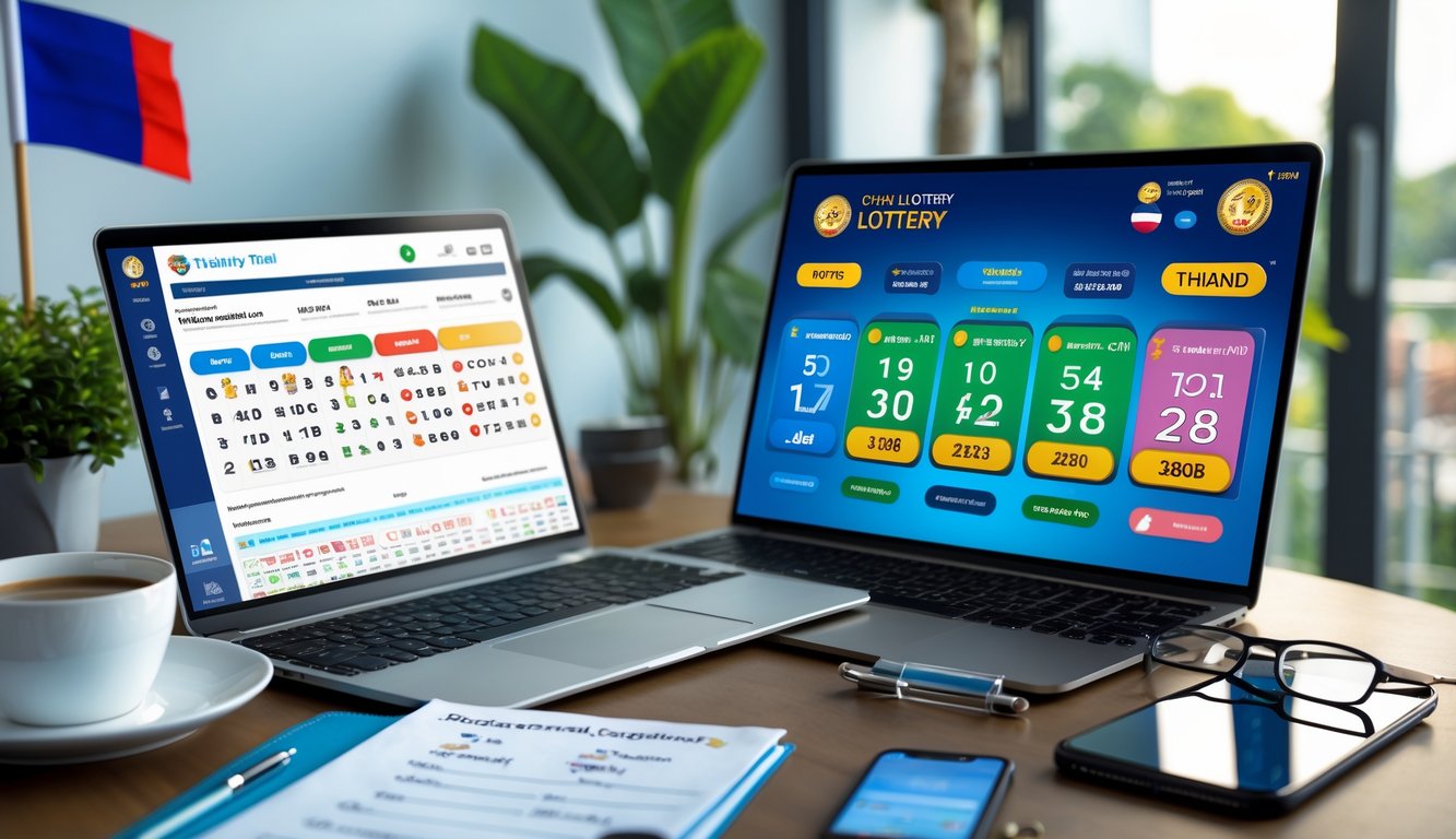 Meja kerja dengan laptop dan ponsel yang menampilkan aplikasi judi togel online, dengan suasana yang rapi dan elemen kecil yang mewakili Thailand.