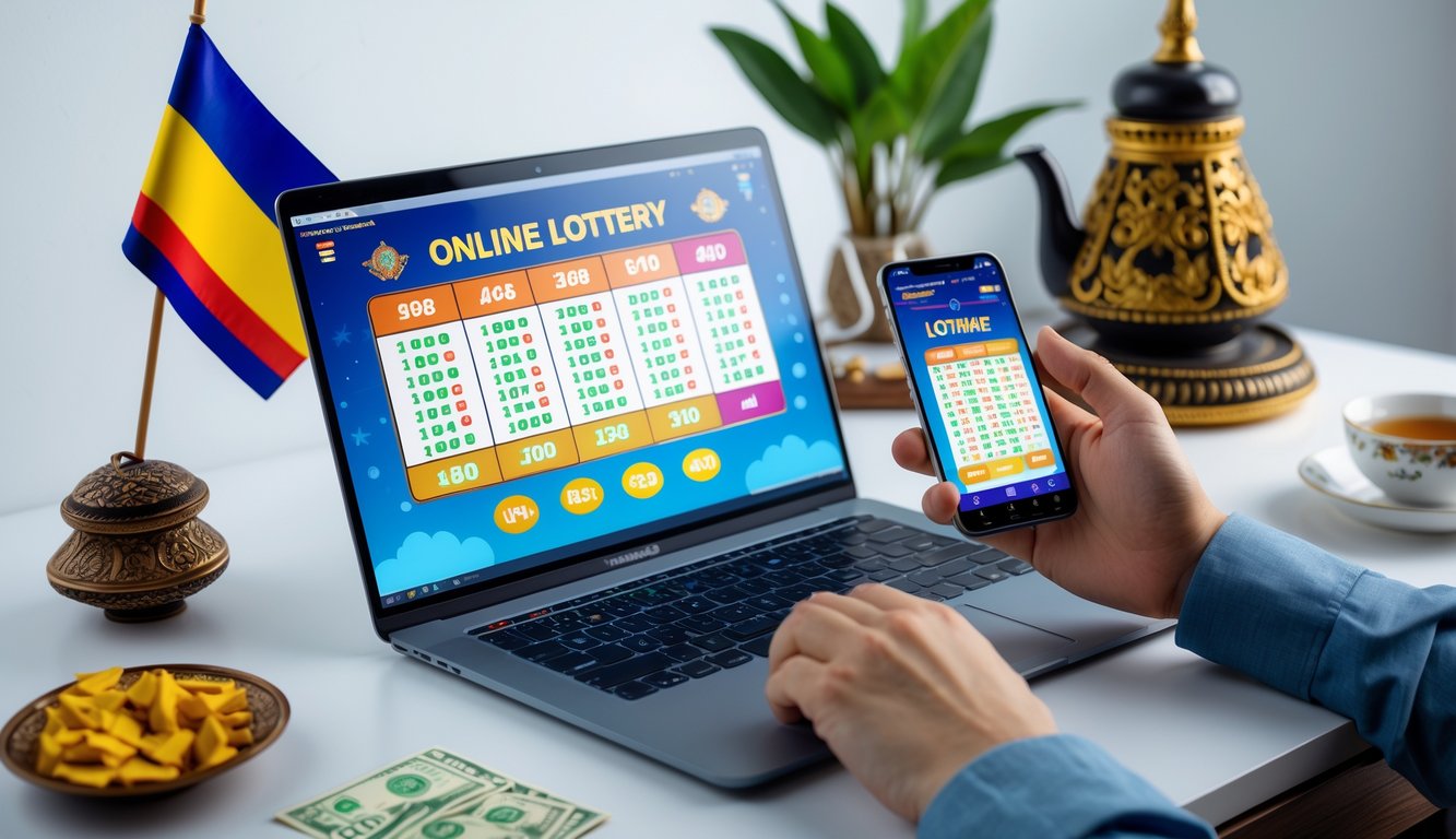 Meja kerja dengan laptop dan ponsel yang menampilkan aplikasi togel online, dikelilingi oleh dekorasi khas Thailand dan secangkir teh.