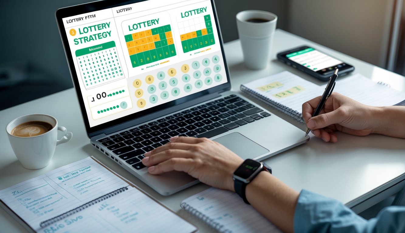 Meja kerja dengan laptop, catatan, dan tangan seseorang yang sedang menganalisis pola angka untuk judi togel online.