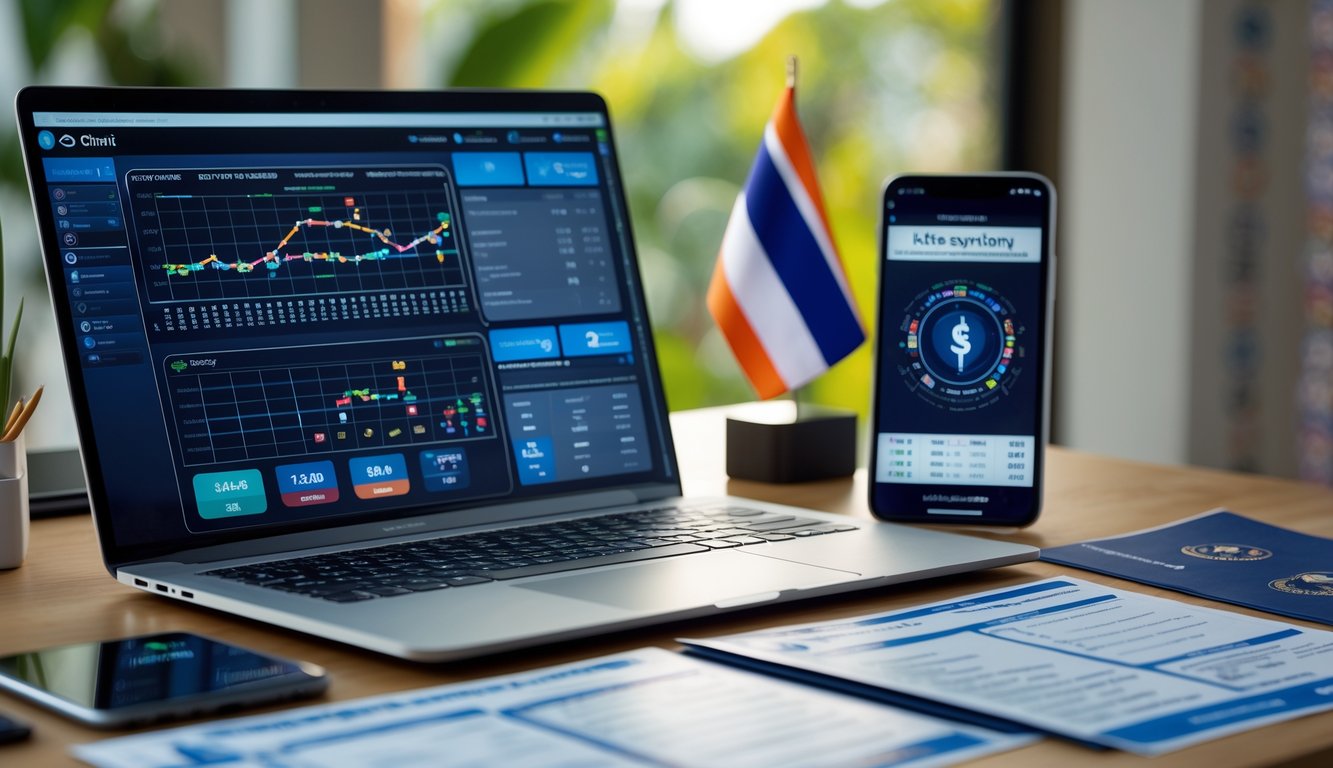 Sebuah ruang kerja dengan laptop dan ponsel yang menampilkan data sistem judi togel online, di atas meja kayu dengan dokumen rapi dan elemen budaya Thailand di latar belakang.