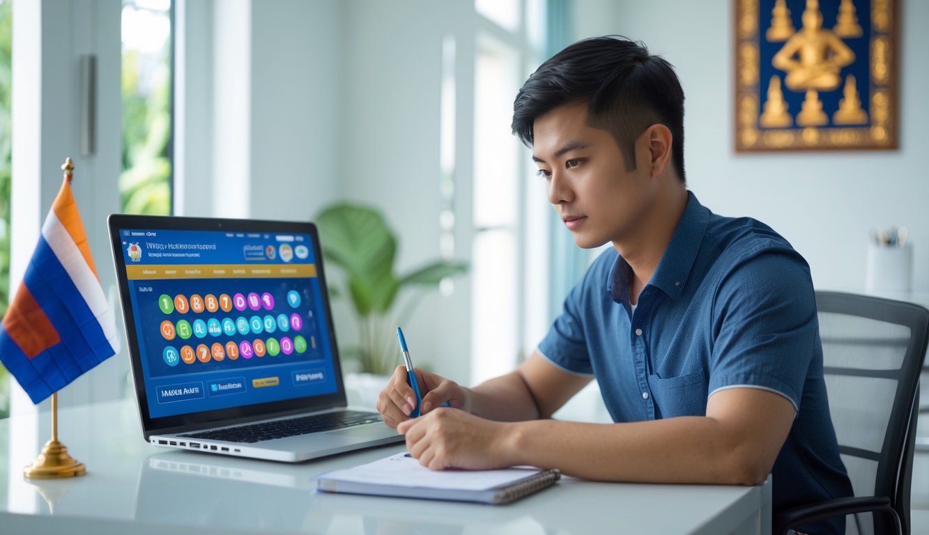 Seorang pria muda duduk di meja kerja dengan laptop, fokus mempelajari situs judi togel online dengan latar belakang dekorasi khas Thailand.