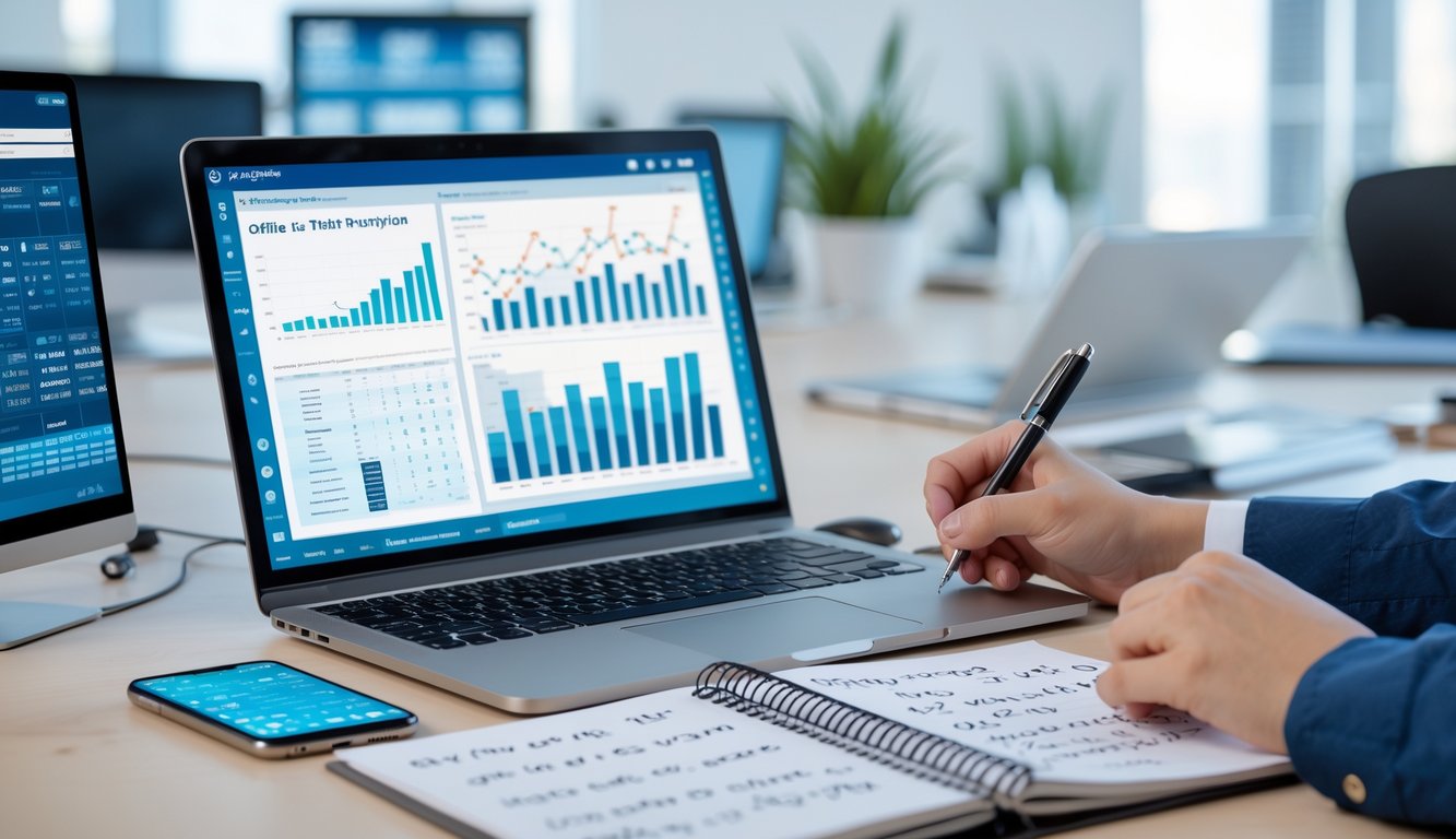 Meja kerja modern dengan laptop, ponsel, dan tangan orang yang sedang menganalisis data dan membuat catatan.