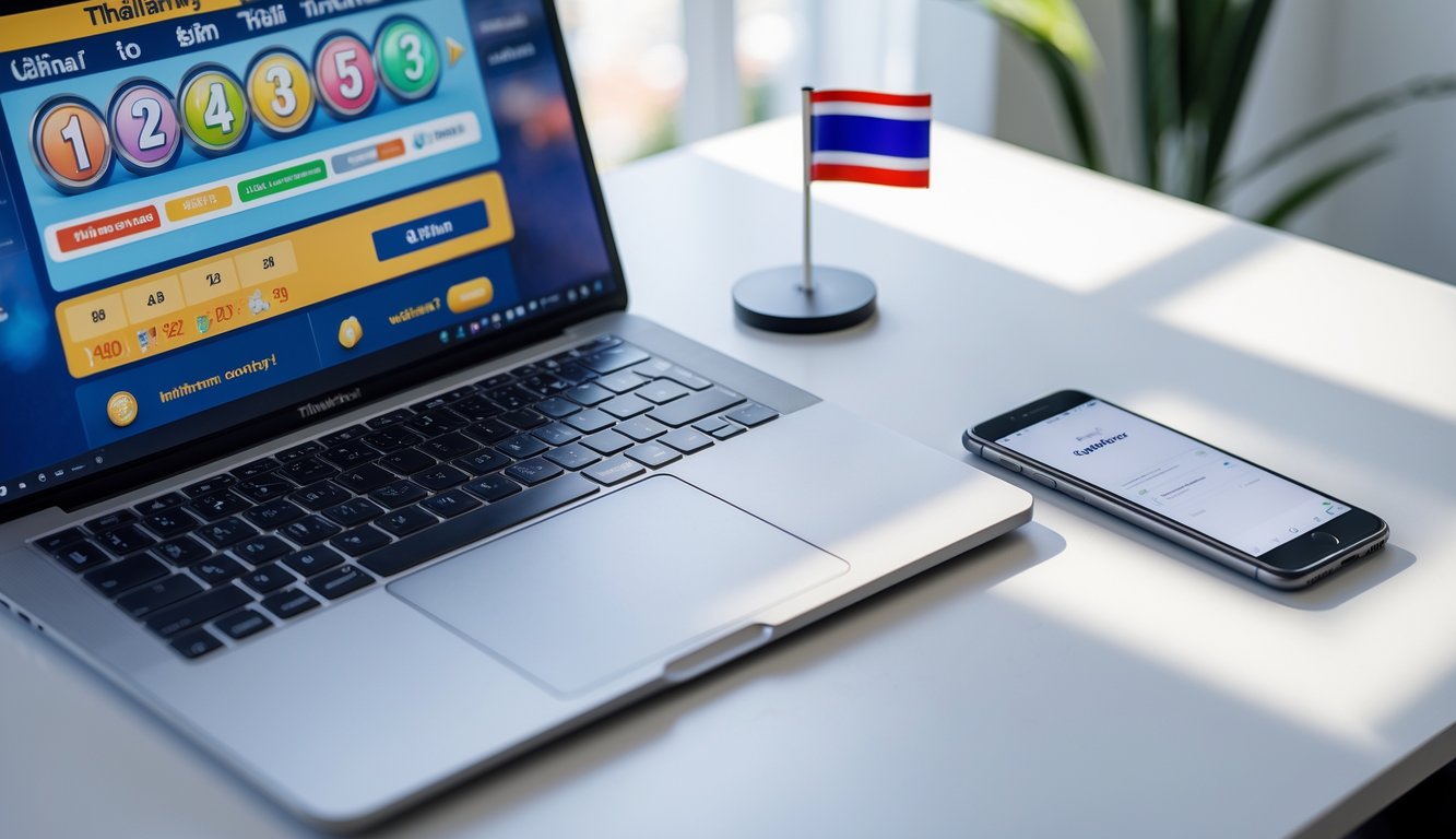 Seorang pria menggunakan laptop dan ponsel di meja kerja dengan latar belakang elemen budaya Thailand.