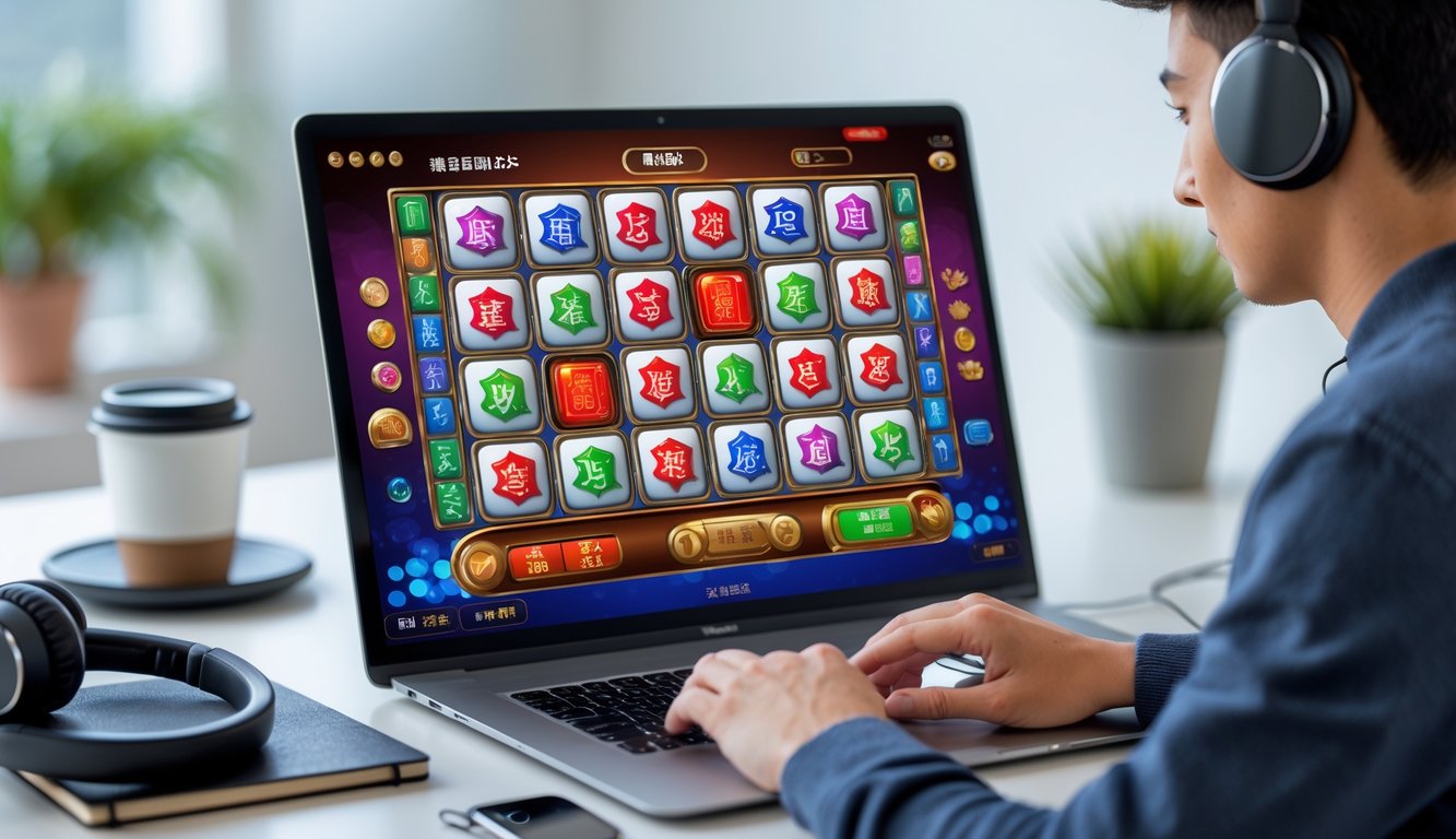 Seorang pemain muda sedang fokus bermain permainan slot online bertema Mahjong di depan komputer dalam suasana ruangan yang terang dan nyaman.