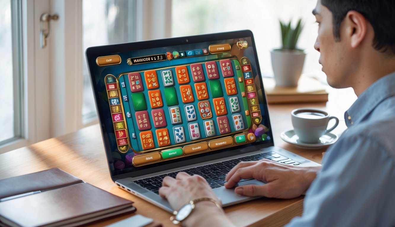 Seorang dewasa muda sedang bermain permainan slot online bertema Mahjong 2 di laptop di ruang kerja yang rapi dan terang.