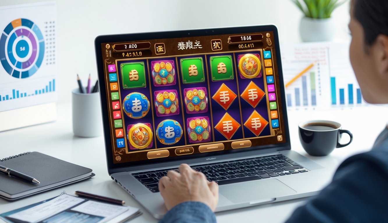 Seorang profesional sedang menggunakan komputer dengan permainan slot online bertema Mahjong di layar, di meja terdapat catatan dan grafik pola permainan.