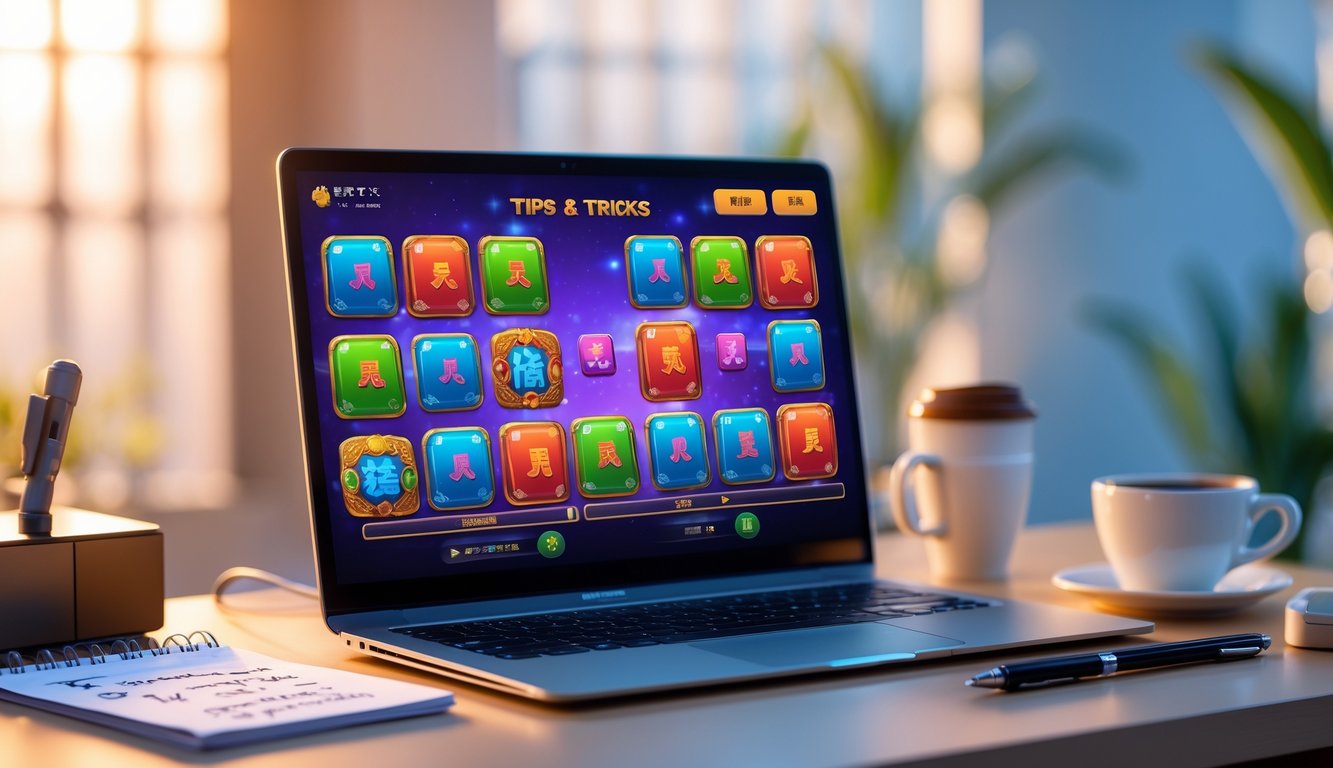 Meja kerja dengan komputer yang menampilkan permainan slot Mahjong 2, dilengkapi dengan buku catatan dan cangkir kopi.