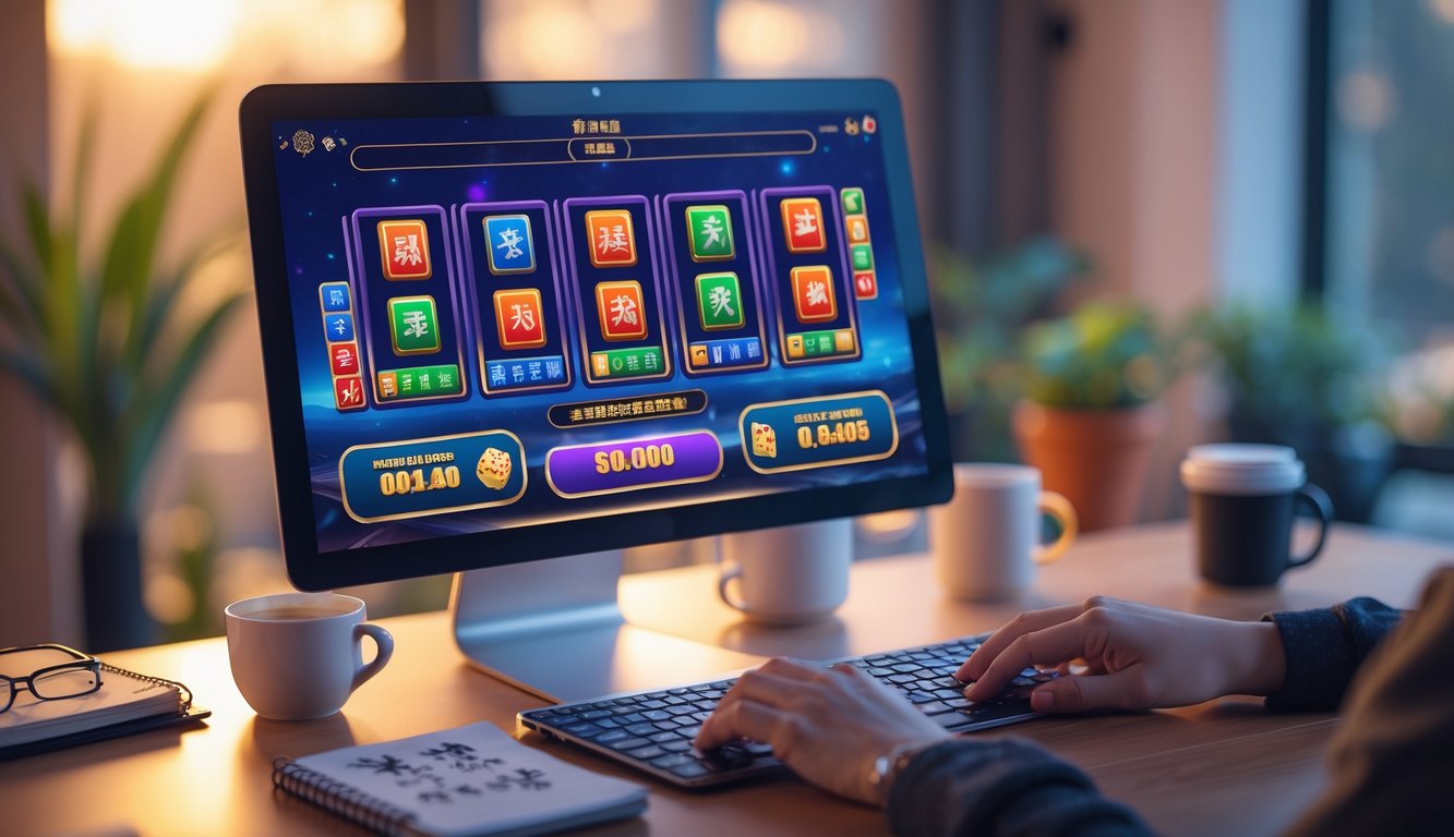 Suasana ruang permainan dengan komputer yang menampilkan permainan slot bertema Mahjong, dilengkapi dengan buku catatan, cangkir kopi, dan kacamata di sekitar.