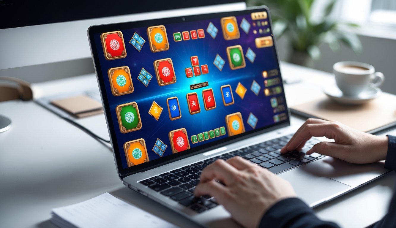 Seseorang sedang bermain permainan slot online bertema Mahjong di depan komputer dengan latar ruang kerja yang rapi.